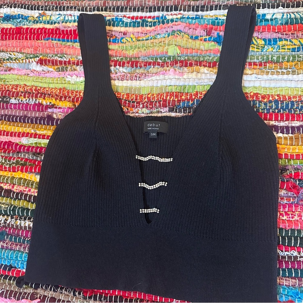 Debut Black‎ Ribbed Tank Top with Jewel Detail S/M